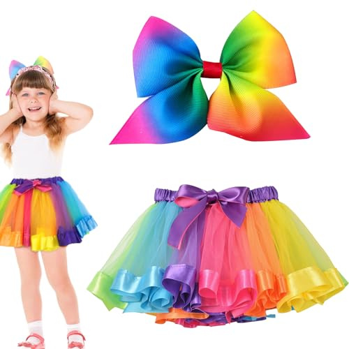 2-Piece Set Tutu Skirts For Girls, Tutu Skirts For Girls, Tutu, Rainbow Skirt, Rainbow Tutu Adult, Layered Tulle Dance Skirt, Neon Dance Dress Ballet W Hairbow, For Women Festival Outfits With Hairbow
