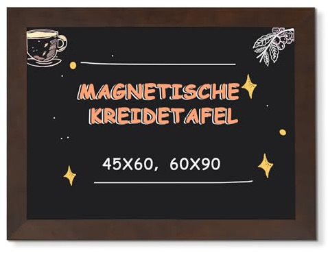 DOLLAR BOSS Magnetische Kreidetafel 60x45cm, Magnettafel Schwarz Blackboard | Rahmen aus massivem Kiefernholz, Wandtafel Kreidetafel zum aufhängen Magnetwand für Küche Bar Café und Büro, Braun