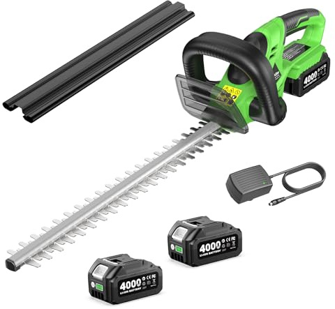 TaskStar Cortasetos Bateria: Cortasetos Electrico con Doble Cuchilla De 56 cm, Potencia De 600 W, 2×4,0 Ah Baterías, Potente para El Corte De Setos Y Arbustos