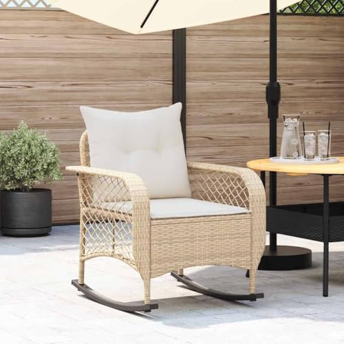 Yunovire Sedia a dondolo da giardino con cuscino, beige, in polyrattan, 67 x 75 x 75 cm, resistente ai raggi UV, resistente alle intemperie, per balcone, terrazza, veranda, altalena rilassante