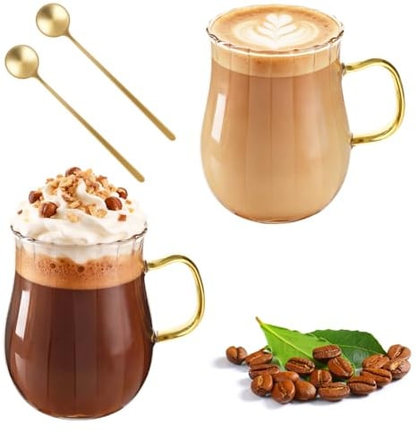 LOOFORE Glass Coffee Mugs 12oz 350ml with Handle and Spoon, Set of 2
