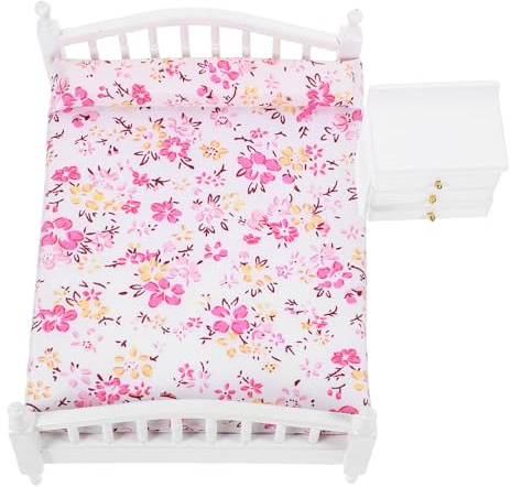 LRXIYODE Miniatur Puppenbett Doppelbett mit Nachttisch Weiß Puppenhausmöbel Schlafzimmer Deko Satz