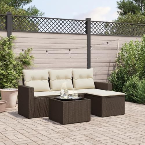 Owoxanthellate Owox 5-TLG. Gartenmöbel-Set aus PE-Rattan, 65,5×62×69 cm, mit Glastisch, wetterfeste Kissen, modular, Braun