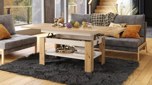 designimpex Rio Couchtisch ausziehbar höhenverstellbar 130/170 cm in Eiche Artisan/Beige Matt modern Ablage Wohnzimmertisch Esstisch Beistelltisch Sofatisch Couch Tisch Living Room Table Wohnzimmer
