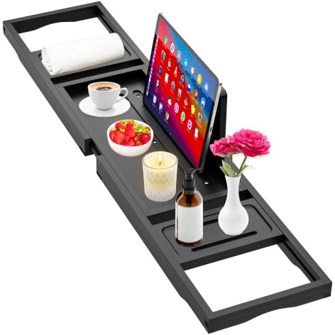 Premium Batht Tray Black - Expandable Bamboo Wooden Bath Trays for Bathub - Bath Tub Table Tray for Bathtub/Tub,Adjustable Size, Fits Most Tubs