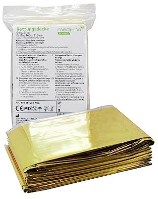 Medi-Inn+ Rettungsdecke Gold Silber | 160 x 210 cm | Notfalldecke für Erste Hilfe | Kälteschutz | Hitzeschutz (1 Stück)