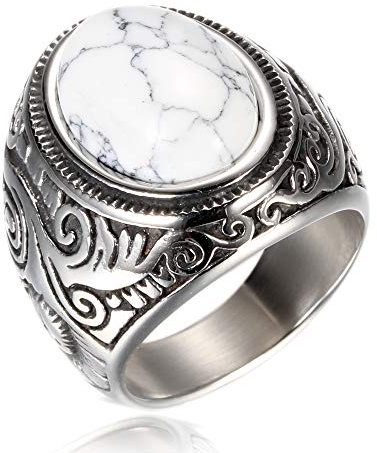 VQYSKOMänner Retro Weißes TürkisRing-Klassiker Retro Charm Künstlicher Türkis Steine Edelstahlring Herrenring mit Gravur, Ringgrößen 54 (17.2) – 76 (24.2)(Weißes Türkis, 57 (18.1))