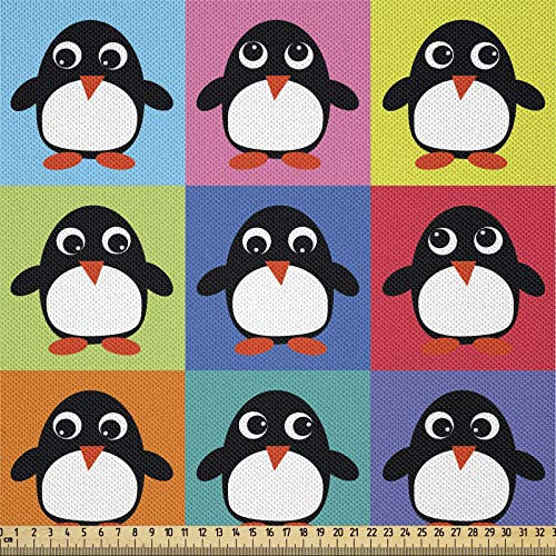 ABAKUHAUS Pinguin Satin Stoff als Meterware, Bunte Rahmentiere, Zum Nähen Toller Stoff für Heimtextilien Aller Art, 3M (148x300cm), Schwarz Mehrfarbig