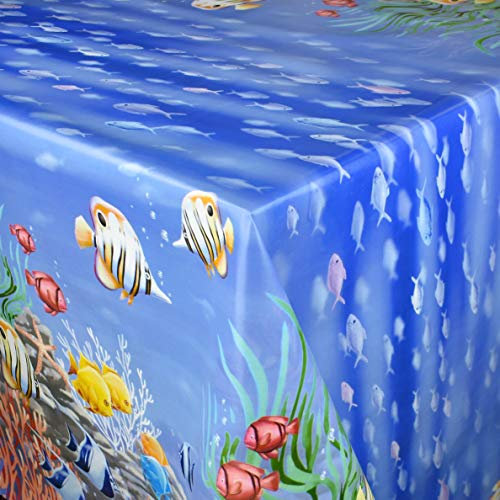 KEVKUS Wachstuch Tischdecke Meterware B2872-01 Bunte Fische Südsee Meer Korallen Bordürenmusterwählbar in eckig rund oval (Rand: Schnittkante (ohne Einfassung), 100 x 140 cm eckig)