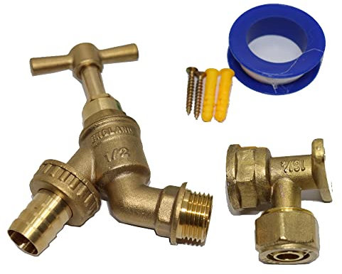 Robinet de jardin en laiton avec support mural coudé 15 mm et sortie de tuyau 1/2