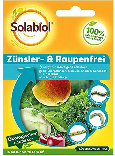 Solabiol Zünsler- und Raupenfrei, biologisches Mittel gegen Raupen, auch gegen den Buchsbaumzünsler, Sparpack 2 x 15 ml plus Zeckenzange mit Lupe