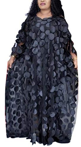 HD African Women Applique Flower Dress Boat Neck Chiffon Kaftan Dress One Size, Black, One Size