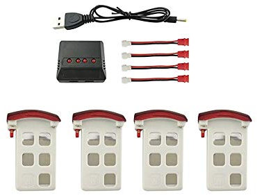 4PCS 3.7V 500mAh Red Batteries with 4 in 1 Charger with 4PCS Transfer Cables for SYMA X5UW X5UC Remote Control Helicopter Drone