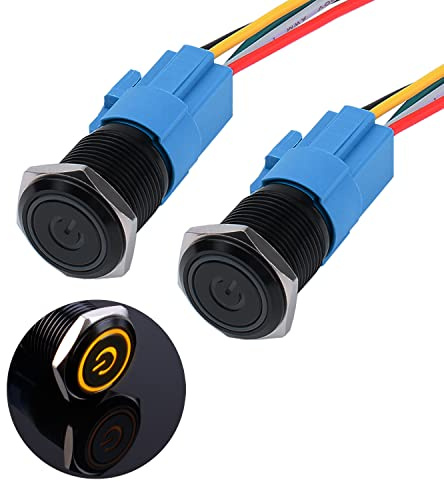 JIQI 2× 16mm Rastende wasserdichte Druckschalter 12V bis 24V 3A Latching Push Button mit LED Power Symbol einrastend Schalter aus Metall schwarz vorverdraht Drucktastenschalter mit IP66 1NO 1NC (Gelb)