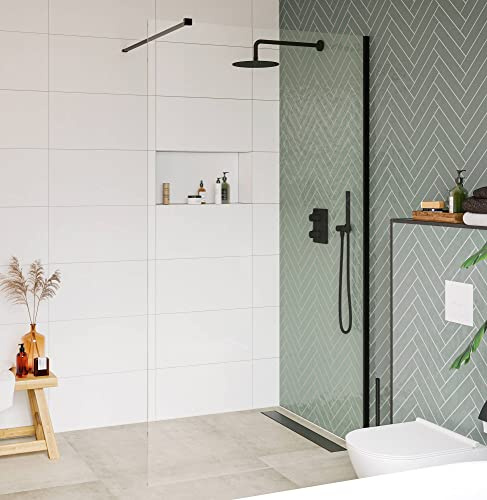 Saqu Modulo Duschwand inkl. Antikalk 90x210 cm - Walk in Dusche mit Stabilisator - NANO Glas Duschtrennwand Badewanne Duschwand matt Schwarz