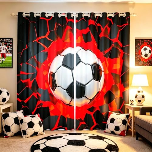 Loussiesd Football Curtain for Bedroom Living Room Kids Sports Darkening Drapes Women Men Red Black Soccer Ball Window Curtains Ball Game Window Treatments W46*L54