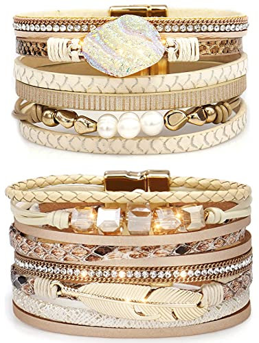 Suyi Multilayer Leather Bracelet Set 2 Pieces Beads Wrap Bracelet Wrist Cuff Bangles with Magnetic Buckle for Women Leaf Khaki Set7