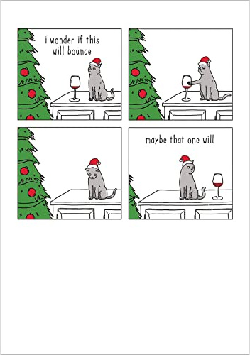Woodmansterne Male/Female Humorous Christmas Card - Funny Cat Bouncing Wine Glasses - for Him/Her