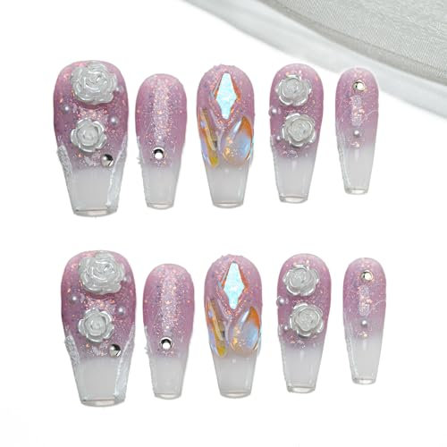 Sun&Beam Nails Handgefertigte Kunstnägel Mittel Lang Sargform Ballerina Nägel zum Aufkleben in Lila Weiß 3D Blumen Süß Design mit Klebepads 10 Stück (#004 L)