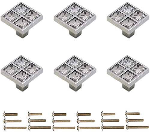 Sinyiol 6Pcs Square Crystal Glass Dresser Drawer Knobs Handles Pulls,Modern Decorated Shiny Cabinet Konbs Zinc Alloy Pulls Handles for Cupboard Wardrobe Dresser Doors (Single Hole, Silver, 6 Pack)