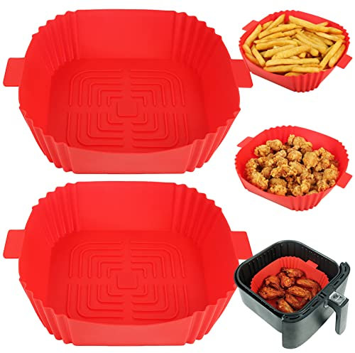 YQL Square Air Fryer Liners Silicone for Airfryer Baskets 3.5L-5.5L, 8 Inch (Inner Size: 6.5 Inch) Reusable Air Fryer Accessories, 2PCS Airfryer Trays for COSORI, Ninja, Tefal, Russell Hobbs (Red)