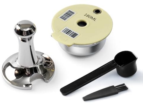 Stainless Steel Tas simo Refillable Coffee Pod, BENFUCHEN Reusable Tas simo Pod for Bosch Coffee Machine, Tas simo Reusable Pod with Stainless Steel Coffee Tamper, Off-White Color, 180ML