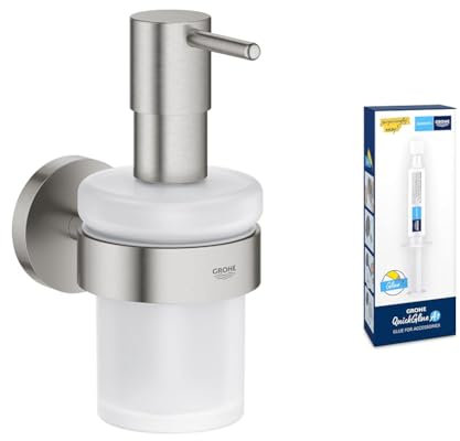GROHE Start - Seifenspender mit Halter (Füllmenge 160ml, Material: Glas/ Metall, verdeckte Befestigung, langlebig), supersteel, 41195DC0 + Kleber für Badaccessoires