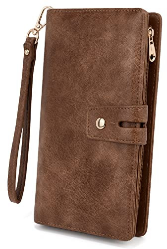 UTO Geldbörse Damen Gross RFID Wristlet Abnehmbarer Scheckhefthalter Karte Bill Clutch Wallet Telefon Organizer Langes Portemonnaie Braun