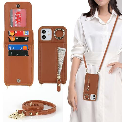 Zouzt for iPhone 12/12 Pro Case with Cord and Card Holde, Zipper Wallet Case with Crossbody Lanyard Ring Adjustable Necklace Protective Cover Women for iPhone 12/12 Pro 6.1 Inch - Brown