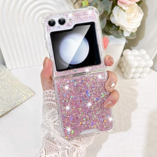 LSOUGUK Compatible with Samsung Galaxy Z Flip 5 5G Case for Girls Women,Clear Bling Sparkle Glitter Shiny Slim Soft TPU Shockproof Cover Protective Phone Case for Samsung Galaxy Z Flip 5-Pink