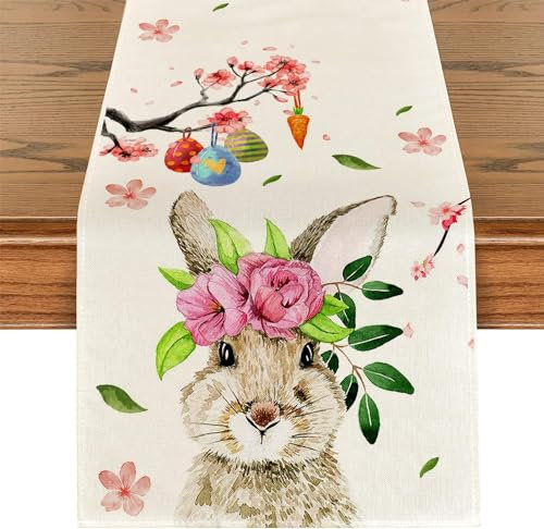 Tarklanda Hase Ostern Tischläufer Osterei und Blumen Waschbar Frühling Küche Esstisch Dekoration Ostern Tischdeko für Drinnen und Draußen Urlaub Party Wohnzimmer Dekor 40 x 140 cm