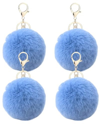 JK Home Lot de 4 Porte-clés Pompon en Fausse Fourrure Pendantif pour Sac à Main Voiture Bagage Porte-clé Saint-Valentin Anniversaire Bleu