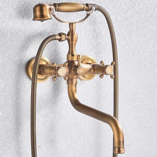 Robinet De Baignoire Robinet Douche - Style Rétro Mural Double Poignée Mitigeur De Baignoire Avec Douchette, Laiton Antique