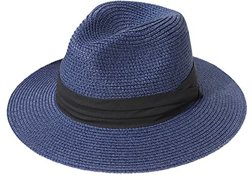 DRESHOW Femme Homme Chapeau de Paille Panama Chapeau Été Large Bord Chapeau de Soleil Anti-UV pour Plage Voyage Fedora Chapeau de Soleil, Taille Unique, Panama Navy