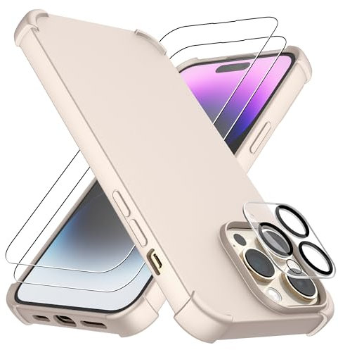 4youquality 4-in-1 Case for iPhone 14 Pro Max (6.7 inch) with 2-Pack Tempered Glass Screen Protectors, 1-Pack Camera Lens Protector, Airbag Protection, Bumper Phone Case (Opaque-Rose Gold)