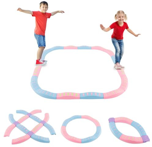 DREAMADE Balance Board Kinder, 20 Stück-Balancierbalken mit rutschfester Oberfläche & Bodenmatte, Schwebebalken für Kinder ab 3 Jahren, belastbar bis 80kg(Blau + Rosa)