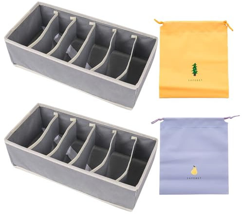 2 graue Aufbewahrungsboxen und 2 Aufbewahrungstaschen, Garderoben-Aufbewahrungsboxen, Schubladen-Aufbewahrungsboxen, Aufbewahrungstaschen mit Kordelzug für Unterwäsche, Socken, Krawatten, Gürtel und A
