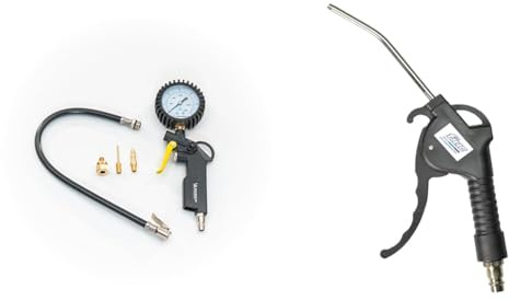 MICHELIN Gonfleur de Pneus avec Manomètre à Double Echelle, Pistolet de Gonflage & FIAC Pistolet Air Comprimé avec Buse de 3,8mm, Pistolet de Soufflage à Canon Courbé de 10cm