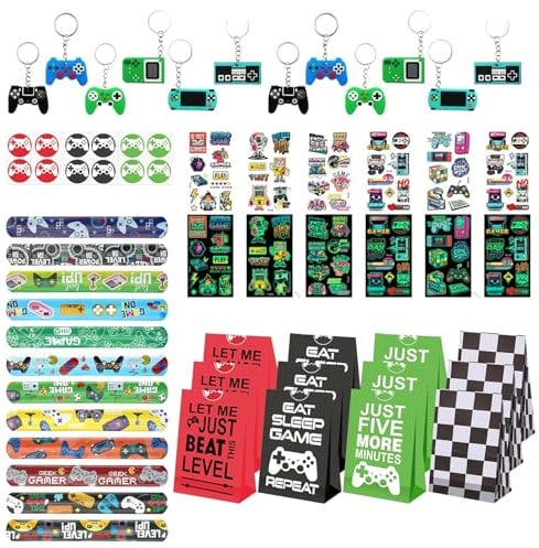 Benaewa 60 Pcs Boys Party Bag Fillers, Video Gaming Party Bags Set Include Keychains, Stickers, Slap Bracelets, Pre Filled Gift for Kids