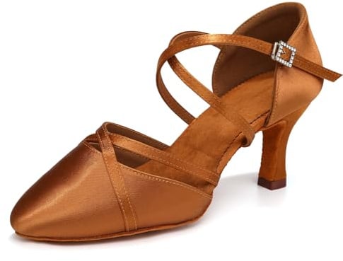 HROYL Women Closed Toe Ballroom Dance Shoes Standard Practice Performence Latin Salsa Dance Shoes,933-DB-Brown-7,US 7