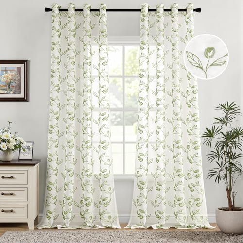Woaboy Gardinen Grün Blätter Muster Voile Vorhänge mit Ösen Wohnzimmer Transparente Ösenschal Sheer Voile Curtains für Schlafzimmer 2er Set 140x260cm(BxH)