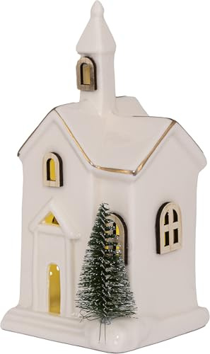 Holz Glas Design HGD LED-Keramikkirche mit Holzfenster für Batteriebetrieb - Größe: 7 x 7 x 15 cm - festliche Kirche als Weihnachtsdekoration