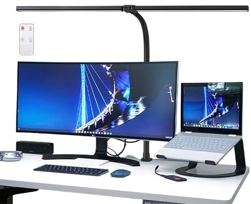 Led Desk Lamp Double Head, 80CM Dimmable Desk Lights for Office Flexible Gooseneck Clamp Light, 5 Color Modes Eye Caring Table Lamp Monitor Light Bar for Study, Reading, Work, Painting