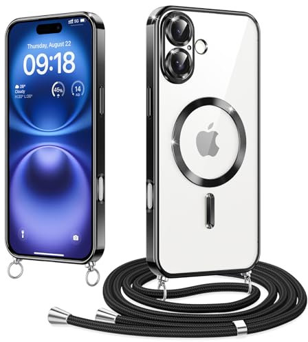 Woijrly Magnetische Handyband mit Band für iPhone 16 Hülle, [Kompatibel mit Magsafe] Handyhülle Case mit justierbarer Schnur Abnehmbar Strap, Crossbody Schutzhülle zum Umhängen Kordel, Schwarz