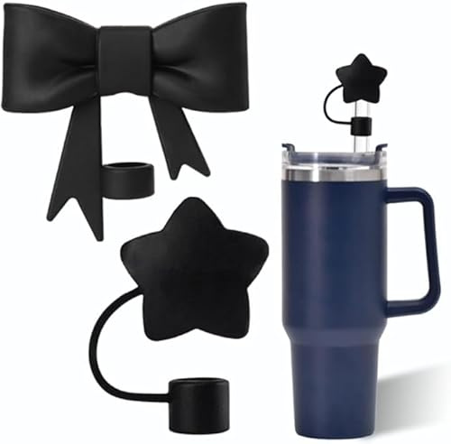 Black Bow and Star Straw Cover for Stanley 40&30 Oz Cup, 10mm Silicone Straws Covers Cap for Stanley Cup Accessories, Cute StrawsTopper for Tumblers, Straw Cap Stopper for Reusable Straws.
