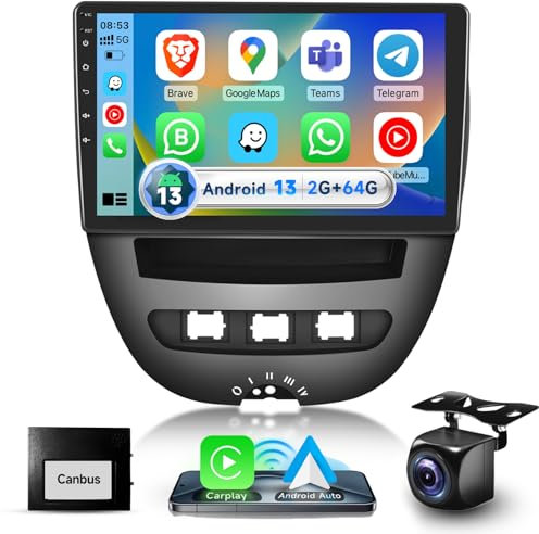 Podofo 2G+64G Autoradio für Peugeot 107/Citroen C1/Toyota Aygo, 10,1 Zoll Touchscreen Android 13.0 Radio mit Kabellosem Carplay Android Auto DSP BT GPS Spiegel FM RDS USB Rückfahrkamera