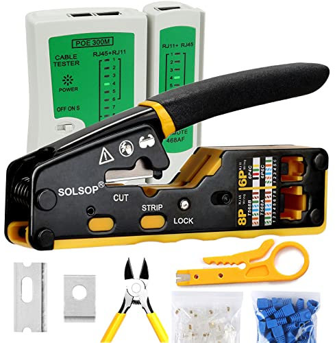 Solsop RJ45 Crimpzange Set Pass Through Cat5 Cat5e Cat6 Crimpwerkzeug netzwerkstecker Set mit Netzwerk Kabeltester, 50 Stück Cat6 RJ45 Stecker, 50 Stück RJ45 Stiefel, Kabelschere