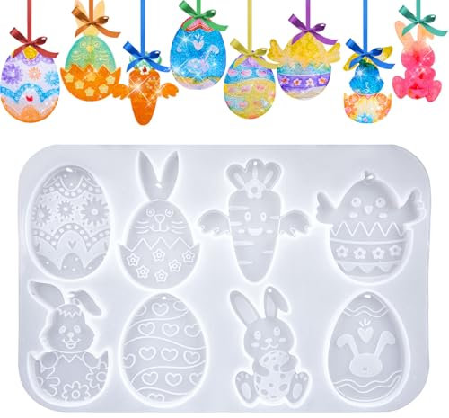 Puddry Silikonformen Gießformen Ostern,Epoxidharz Formen Silikon, Silikonform Hase, Hasenei Schlüsselanhänger Formen, DIY Ostern Kerze Seife Basteln Schlüsselanhänger Anhänger Ostern Dekorationen