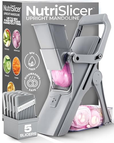 EMSON Safe Mandoline Slicer for Kitchen, All in 1 Mandoline Slicer for Food Works as Potato Slicer, Vegetable Slicer, Food Slicer, French Fry Cutter and More with 5 Blades and Storage Container