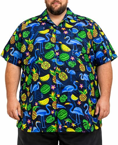King Kameha Hawaii Hemd Männer Plus Size - Funky Hawaiihemd Herren Kurzarm mit Flamingo-Melonen Print - Ideal für Urlaub & Strand